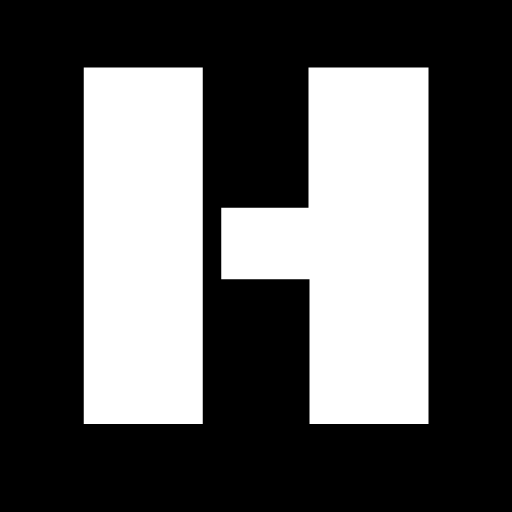 White letter H on black background