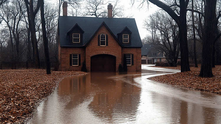 Brick house submerged in floodwater with fallen leaves