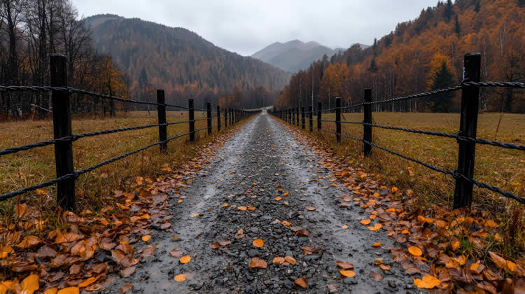 Misty autumn pathway with fence and mountain backdrop