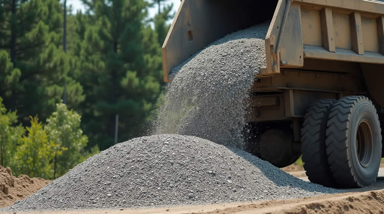 Dump truck unloading gravel at construction site