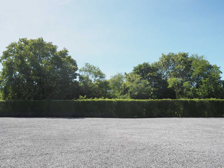 Sunlit empty gravel lot with surrounding green trees